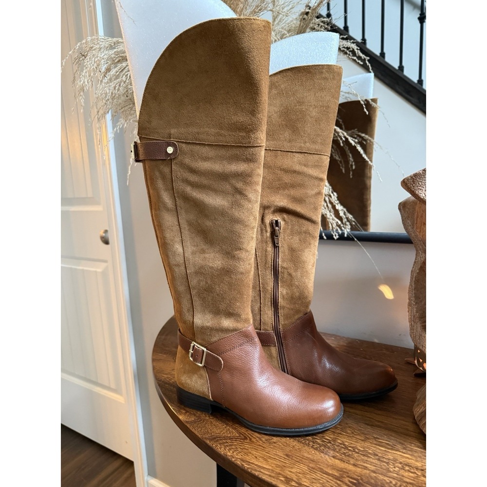 Naturalizer Rider Boots Wide Calf Brown Leather Suede Over Knee Riding Boots 6W